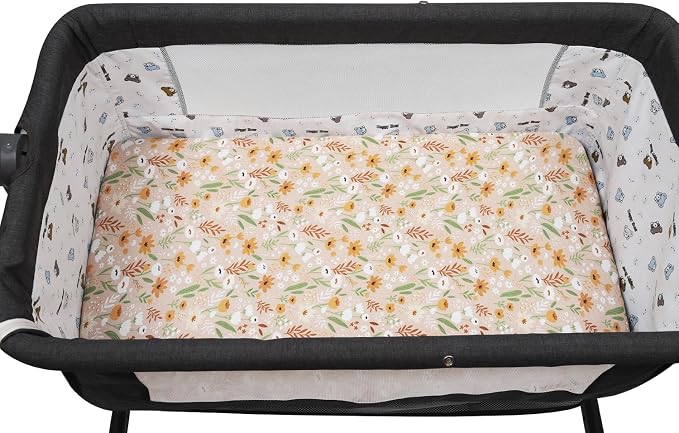 Pack n Play Sheet Stretchy Fitted Portable Mini Crib Sheets Set 2 Pack,Playard Sheets Convertible Playard Mattress Cover,Ultra Soft Jersey Material, Orange & Floral