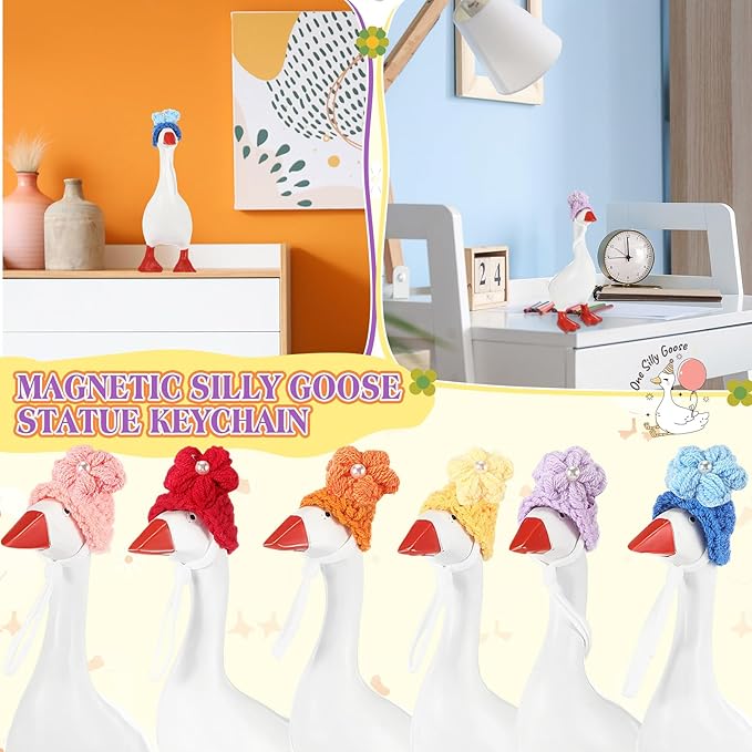 Geyoga 6 Pcs Mini Knitted Hats 7 Inch Goose Outfits Hat with Adjustable Strap Mini Porch Goose Headwear for Statue Key Holder