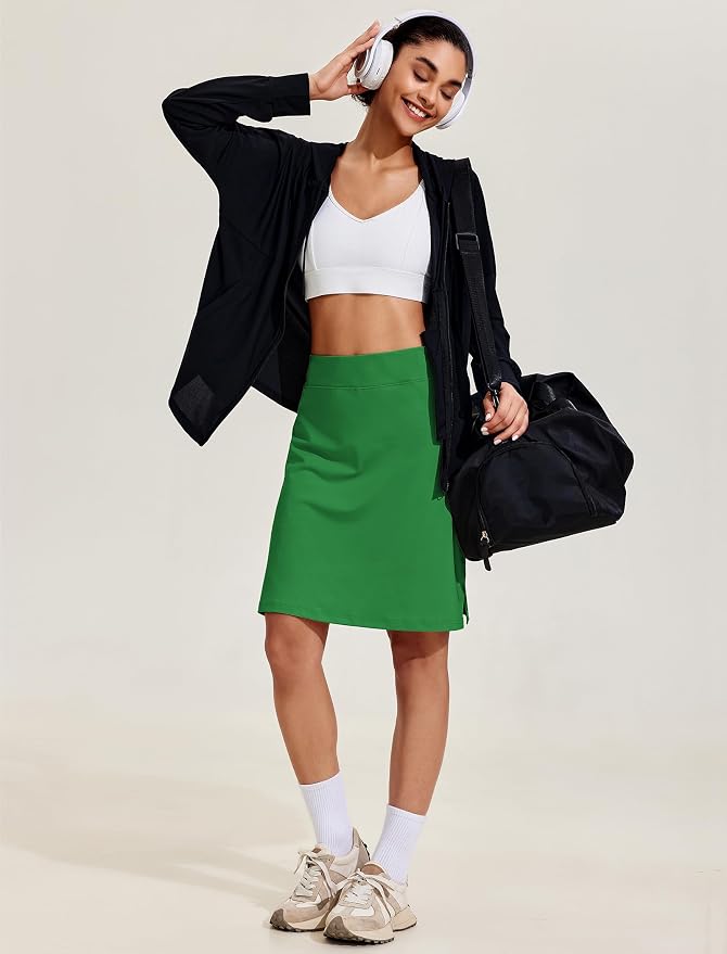 COOrun Women's 20" Knee Length Skirts High Waisted Golf Skorts with Pockets | Soft, Quick Dry, Split Hem, Built-in Shorts, A-line, Modest Skirts, for Golf Athletic Tennis Work Casual