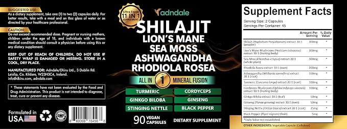 Adndale Shilajit for Men and Women. Pure Himalayan Organic Shilajit Capsules with Sea Moss Ashwagandha Rhodiola Rosea Lion’s Mane. 90 Count