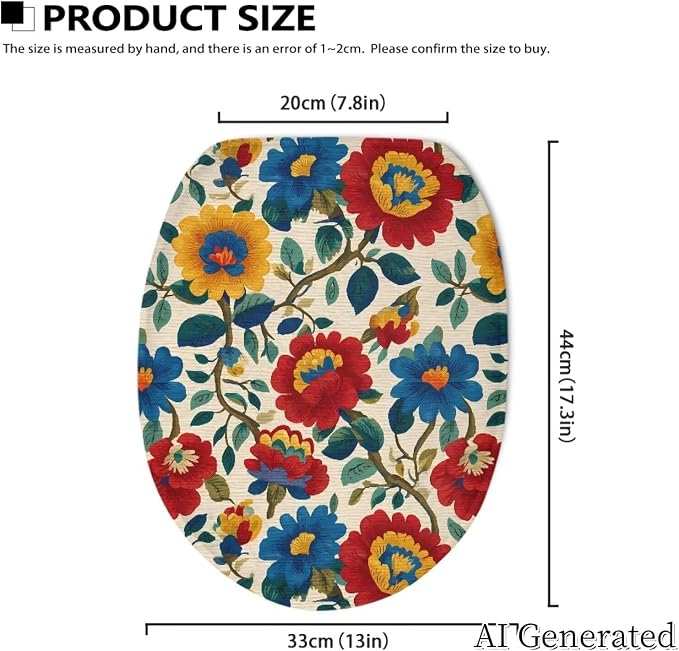 Wildflower Oblong Elongated Toilet Cover, Soft Machine Floral Oval Lid Cushion, Blue Coastal Bathroom Home Decor