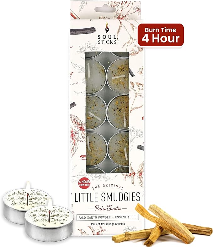 SOUL STICKS 12 Pack Little Smudgies Tealight Candles Smudge Candle for Cleansing House, Meditation, Chakra Healing | Made with Crystals and Herbs (Palo Santo)
