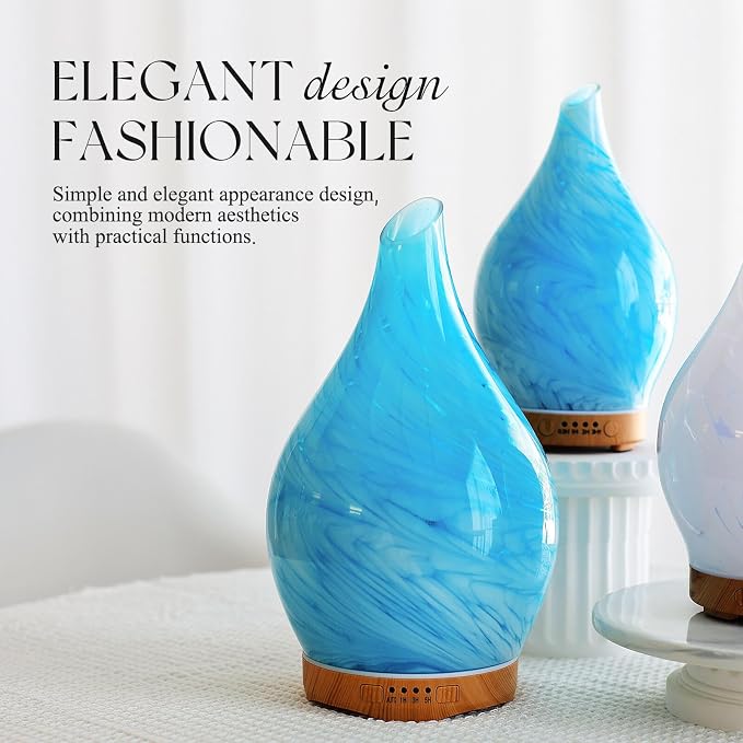 Porseme 280ml Essential Oil Diffuser Glass Color Changing Aroma Air Diffusers Aromatherapy Ultrasonic Cool Mist Humidifier 7 Running Hours Waterless Auto-off for Sleeping, Yoga, Office, Spa(Blue Wave)