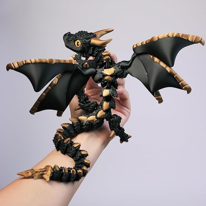 3D Printed Dragon with Wings,3D Printed Animals Toys, Fidget Dragon Toys, Flexible Articulated Winged Crystal Dragon Model,Desktop Pet Deco (Black-Gold)