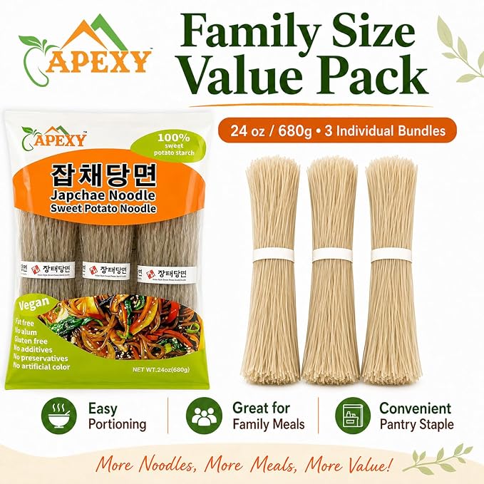 APEXY Sweet Potato Glass Noodles, Japchae Noodles, Korean Vermicelli Pasta, Fat-free and Gluten-free, 100% Sweet Potato Starch, No Additive, No Alum inside, 24oz (680g)