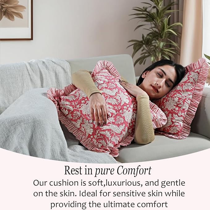 CPC Pink Coral Ruffle Throw Pillow Covers for Couch, 24x24 Inch Cotton Stripe Ruffle Couch Pillows for Living Room, Hidden 20 Inch Zipper Boho Pillow Case or Cute Outdoor Pillows