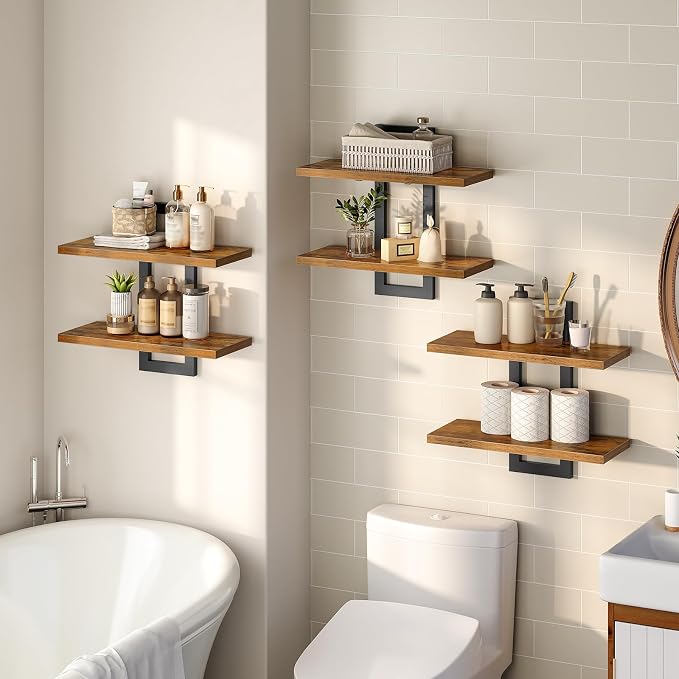 HOOBRO Floating Shelves, 15 Inch Wall Shelf Set of 3, Wall Mounted Storage Shelves 2-Tier, Hanging Bathroom Shelves, for Living Room, Bedroom, Bathroom, Kitchen, Rustic Brown and Black BF32BJP301