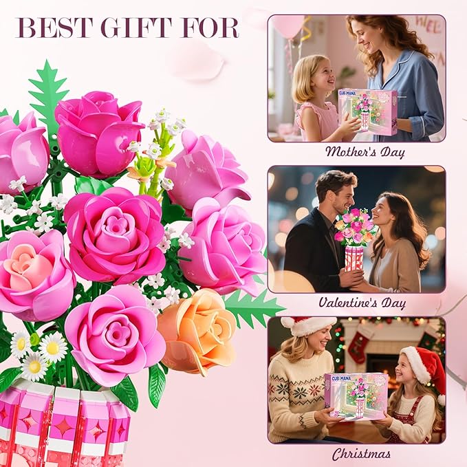 Romantic Pink Roses Bouquet Building Set with Vase & LED Light, 845PCS Flowers Botanical 3.6MM Mini Building Blocks Toys, Gifts for for Her, Artificial Flowers for Office Home Decor & Display