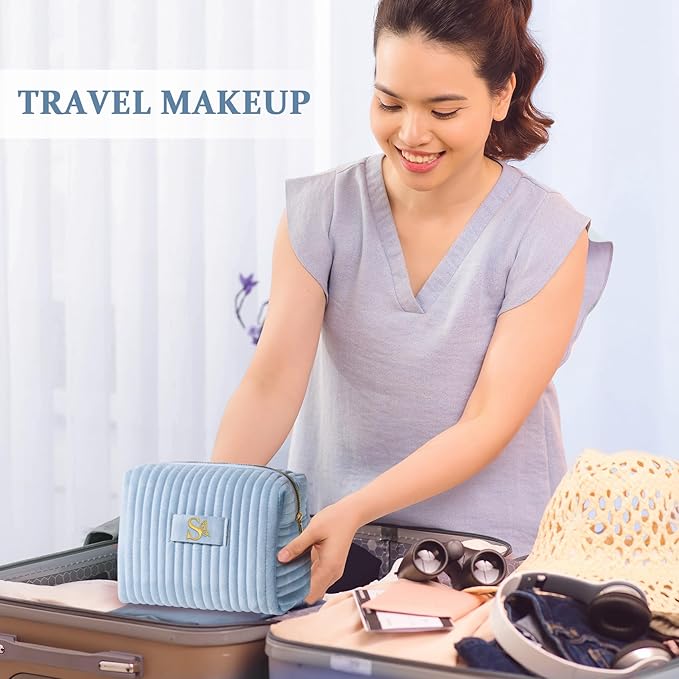 COSHAYSOO Travel Makeup Bag Quilted Make Up Pouch Initial Velvet Cosmetic Case with Butterfly Decorations for Women Birthday Party Favor Supplies Cool Popular Easter Valentines Gifts Blue Letter D