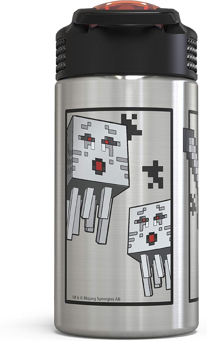 Zak Designs Minecraft - 15.5 oz Singal Wall Stainless Steel Water Bottle with One Hand Operation Action Lid and Built-in Carrying Loop, with Straw Spout is Perfect for Kids (Small)