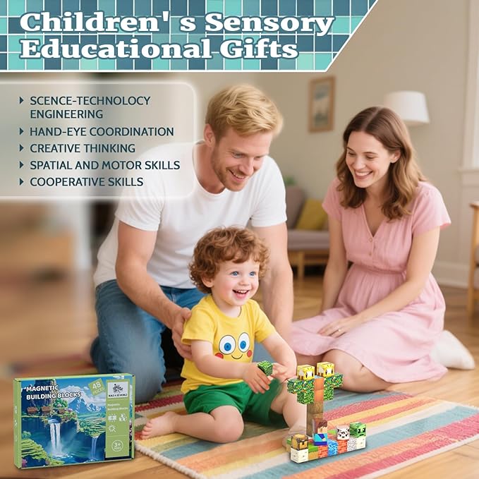 Magnetic Blocks, 48PCS Magnetic Building Blocks Cube Toys Stacking, Build Forest Cabin Set, STEM Sensory Toys for Kids Boys Girls Age 3+ Easter/Birthday/Christmas/Children's Day Gifts (Forest Cabin)