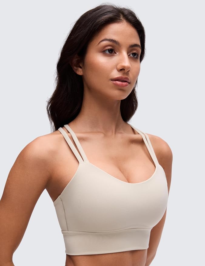 CRZ YOGA Softness Mold Butterluxe Strappy Longline Sports Bras for Women - Double Spaghetti Strap Workout Yoga Crop Top