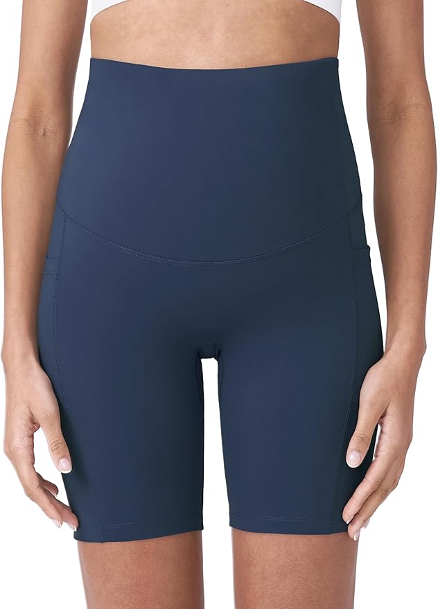 POSHDIVAH Women's Maternity Yoga Shorts Over The Belly Bump Summer Workout Running Active Short Pants with Pockets 5"/8"
