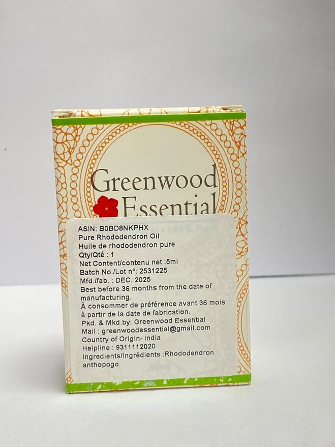 Greenwood Essential Rhododendron Oil (Rhododendron anthopogo) with Glass Dropper | Cold Pressed | Natural | Undiluted | For Diluting Essential Oils | For Skin & Massage | Men & Women | 5ml (0.16 oz)