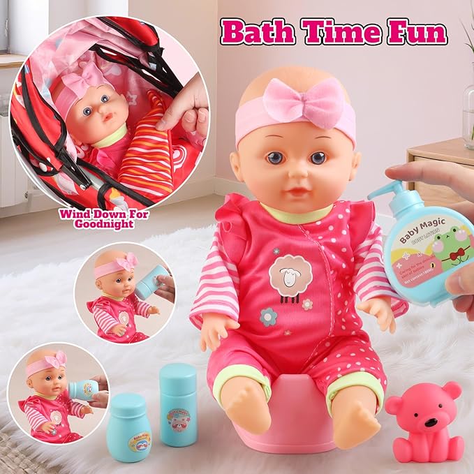Baby Doll Stroller Set for Toddler Girls 3-5, A 12.5" Babydoll with Baby Doll Accessories, Pillow, Blanket & 2 Sets Clothes, Doll Toy Stroller for Kids, Gifts 3 4 5 Year Old Girls Toys