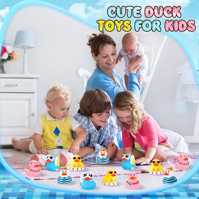 Honoson Summer Beach Rubber Duckies Bulk Mini Rubber Duck Bath Toys Float Bathtub Ducky Cute Squeaky Ducky for Classroom Carnival Summer Birthday Baby Shower Party Favor(4 Colors,36 Pcs)
