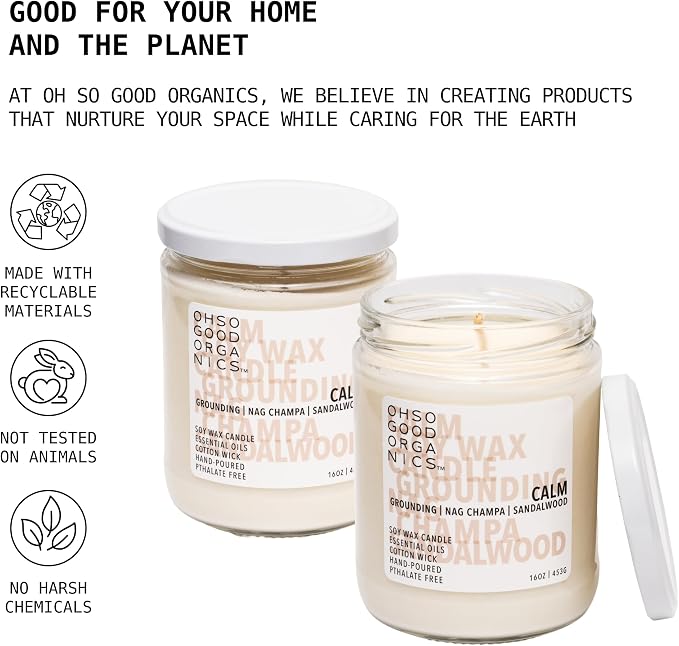 Scented Soy Wax Candle for Home with Hints of Nag Champa, Sandalwood, and Essential Oils, Soy Candles Non Toxic, Aromatherapy Candles, 16oz, 60 Hours Burn Time, Calm Scent