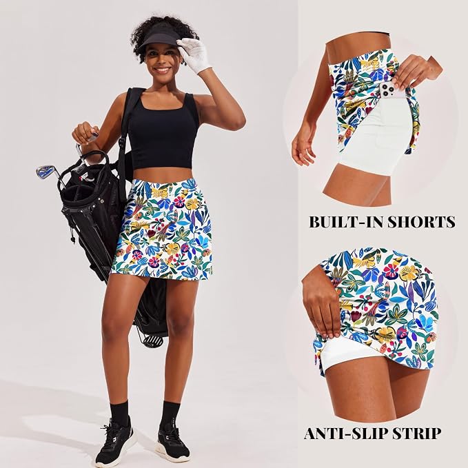 Ekouaer 16" Skorts for Women with Pockets Golf Pickleball Tennis Skirt | Silicone Grippers,2 Inner Pockets,Wide Waist,Side Slit Hem,Breathable,Soft,Lightweight