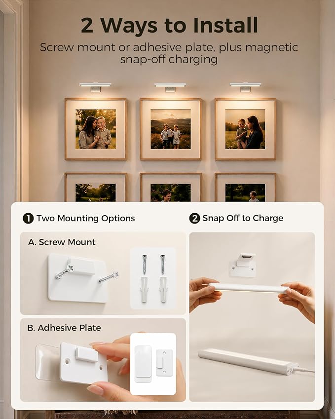 EZVALO Picture Light for Wall, Rechargeable 2400mAh Lights Wireless with IR Remote, 3 Color & Dimmable Magnetic 7.8'' LED Lights Display for Painting, Living Room, Gallery, Bedroom(White-3P)