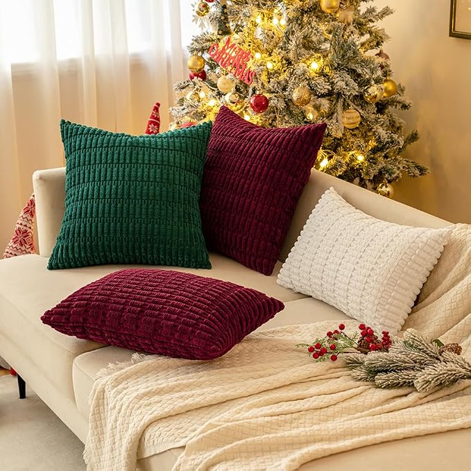 MIULEE Corduroy Decorative Throw Pillow Covers 20x20 Pure White Pack of 2 | Soft Boho Striped Pillow Covers Modern Farmhouse Home Decor For Sofa Living Room Couch Bed