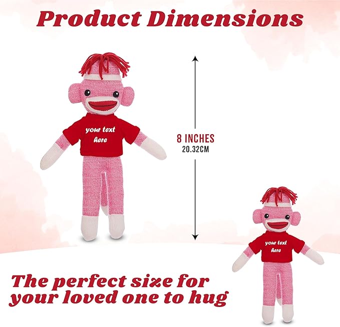 Personalized Huggable Pink Sock Monkey 8 Inch Plush Stuffed Animal Gift - Custom Text on Shirt - Perfect for Valentine's Day, Halloween, Graduation, Birthday Present