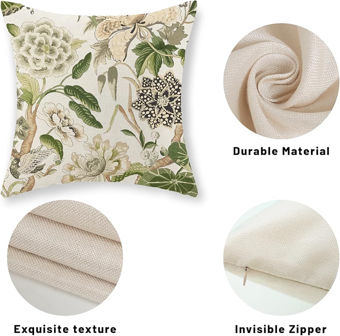 Green Pillow Covers 20x20 Inch Set of 2 Vintage Green Floral Throw Pillows Chinoiserie Flower Decorative Pillow Cases Outdoor Linen Farmhouse Cushion Covers for Couch Sofa Decorations
