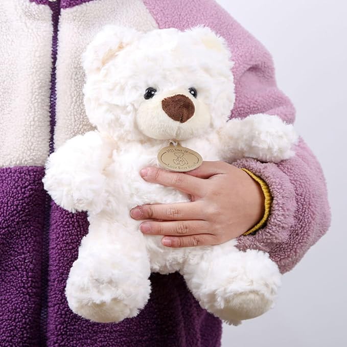 9.8 Inch Soft Teddy Bear Plush Toy, Cuddly Stuffed Animal for Kids & Toddlers, Brown Fluffy Plushie, Gift for Birthday, Valentine's Day, Christmas (White)