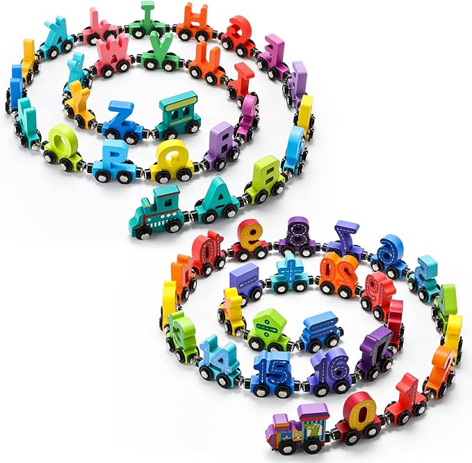 Vinsot 2 Sets Magnetic Wooden Alphabet and Number Train Toys Preschool Educational Activities Learning ABC Number Learning Toys Birthday Gifts for Toddlers Preschool Kids Baby Boys and Girls