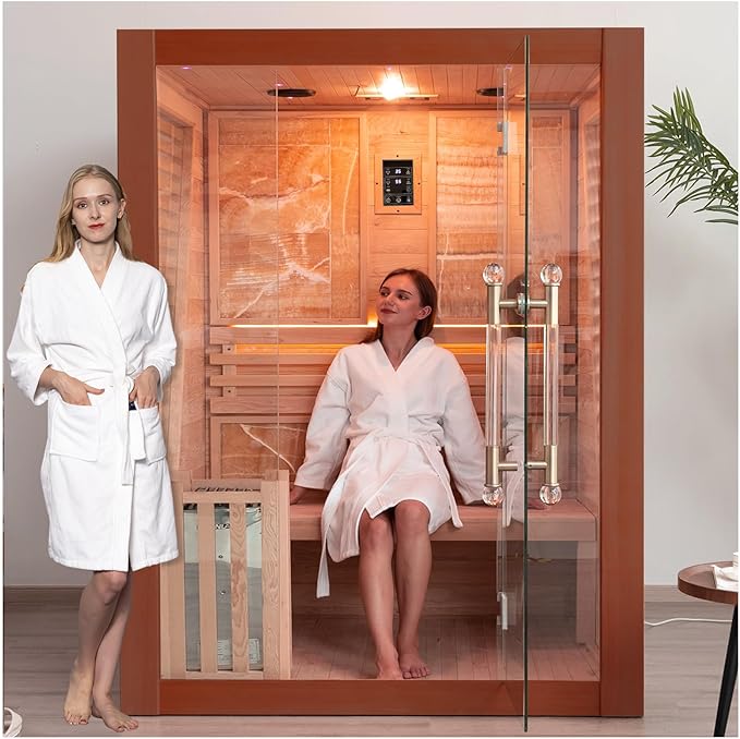 Smartmak Wood Home Steam Sauna, WiFi Control 3 Person Canadian Red Cedar Traditional Luxurious Wooden Indoor Spa Room, with 4.5 kw Heater, Speaker, Rocks, Water Bucket, Spoon, Sky Lights