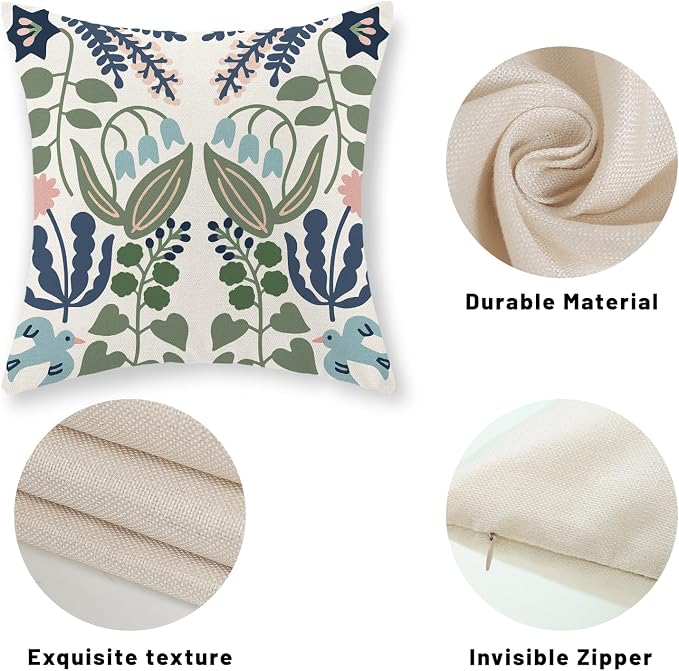 Boho Navy Blue Green Flower Pillow Covers 18x18 Inch Set of 2 Sage Green Floral Throw Pillows Vintage Flower Outdoor Pillowcase Linen Seasonal Decorations Farmhouse Cushion Case for Sofa Home
