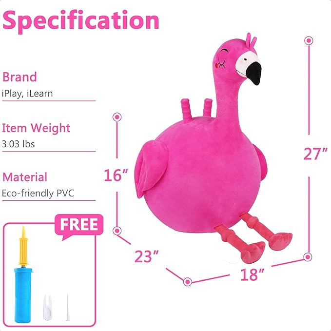 iPlay, iLearn Bouncy Pals Kids Flamingo Hopper Ball, Inflatable Bouncing Animal Hopping Toys, Pink Plush Ride on Bouncer, Outdoor Indoor Active Jumping, Birthday Gift for 3 4 5 6 Year Old Girl Toddler