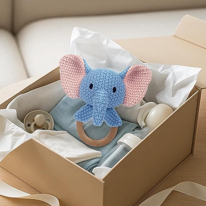 Elephant Baby Rattle Teething Ring Cute Jungle Animal Sensory Toy for Baby Boys Girls 0-3 Months Knitted Crochet Plush Stuffed Texture Montessori Grasping Shaker Stroller Travel Gift