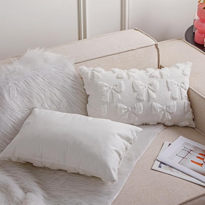 Mixweer Cream White Bow Pillow Covers Set of 2 Preppy Room Decor Coquette Cute Spring Summer Decorative Faux Fur Soft Bowknot Stuff Fluffy Plush Aesthetic Pillowcase for Bed Sofa Couch (12 x 20 Inch)