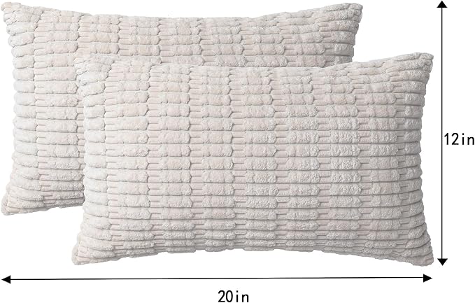 Pack of 2 Corduroy Decorative Throw Pillow Covers 12x20 Inch, Cream White | Fall Soft Striped Pillow Covers Modern Farmhouse Home Decor Christmas Throw Pillow Covers for Sofa Living Room Couch Bed