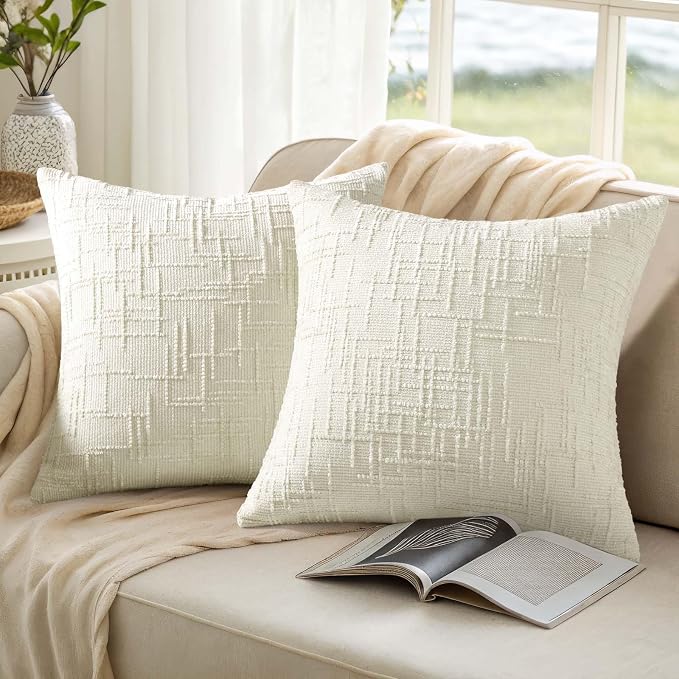 decorUhome Textured Chenille Throw Pillow Covers 26x26 Set of 2 Cream White | Fall Modern Farmhouse Soft Cozy Slubby Couch Pillow Cases Boho Decorative Pillow Cases for Bed Sofa Living Room Home Decor