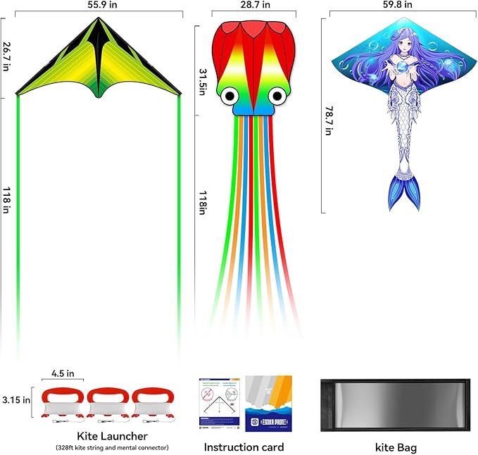 Kites for Kids & Adults,Large Kite for Beginners, Kites for Kids Ages 4-8,Outdoors Activities with Complete Handle, 328ft Kite String & Accessories (QHC Mermaid+L Grassland+Q Octopus, 3)
