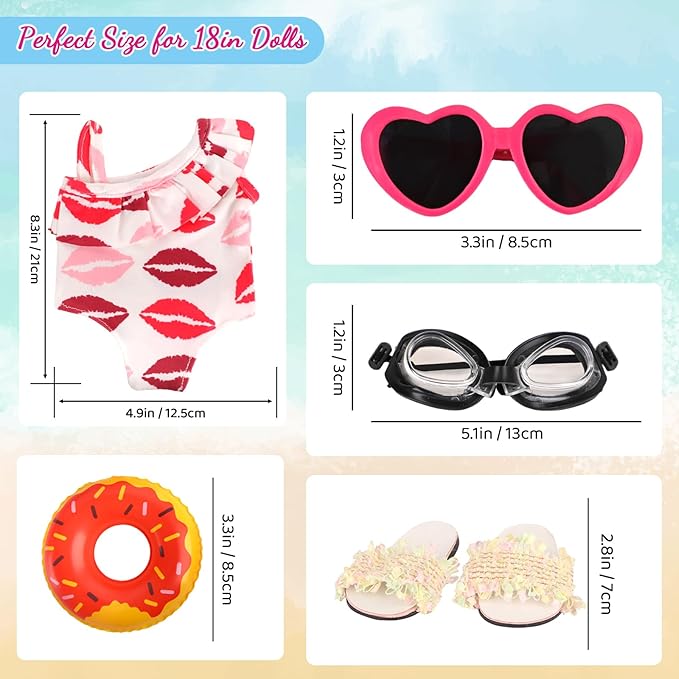18 Inch Doll Clothes & Accessories Bundle-5 Pcs Summer Beach Playset with Swimsuit,Sandals,Goggles,Sunglasses & Swimming Ring for 18 Dolls