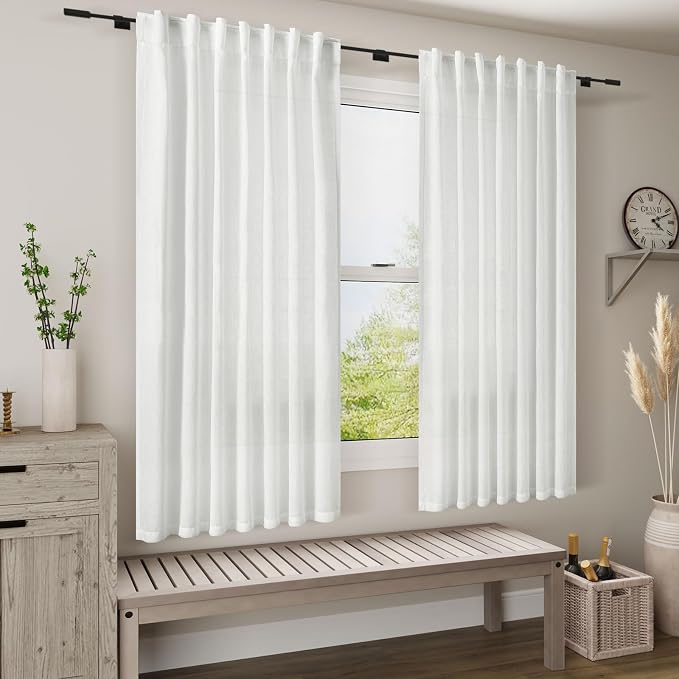 Nanspring 48 Inch Linen Curtains, White Light Filtering Curtain Back Tab and Rod Pocket Neutral Modern Farmhouse Coastal Decor Curtains for Living Room Bedroom 34 x 48 Inch, 2 Panels