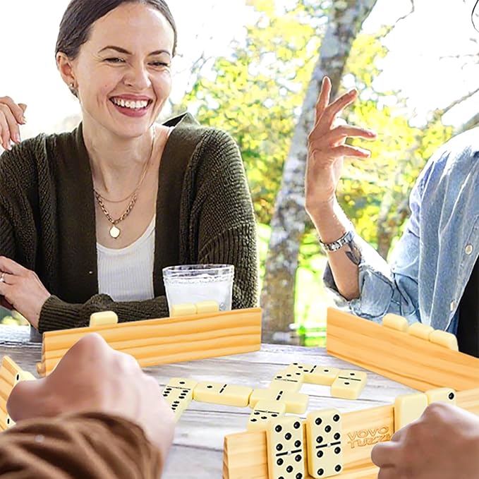 Dominos Set for Adults with 4 Wooden Racks/Stands, Jumbo Dominoes Travel Set with Portable Zipperd EVA Box, 28 Tiles Double 6 Domino Game Set - Classic Board Games, for Family and Outside Games
