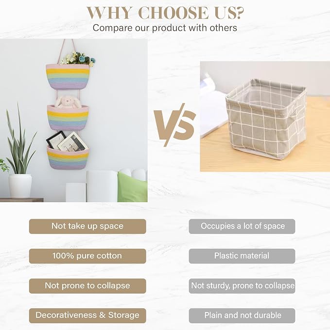 TeoKJ Over the Door Hanging Basket, 3-Tier Woven Cotton Wall-Mounted Storage Organizer Bag Decorative Hanging Nursery Baskets, Rainbow