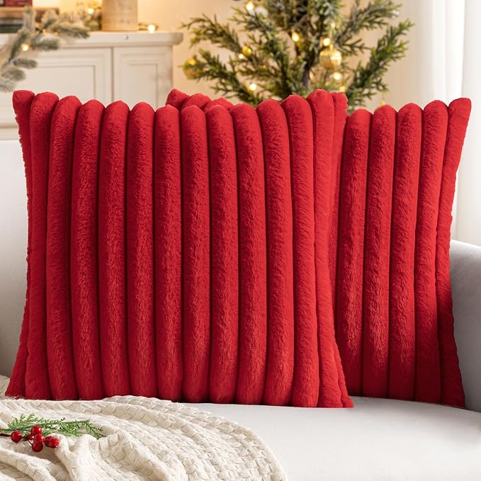 MIULEE Faux Fur Decorative Throw Pillow Covers 18x18 Set of 2 Red | Modern Soft Plush Couch Pillows, Cozy Fluffy Cushion Covers for Sofa Bed Living Room Home Decor