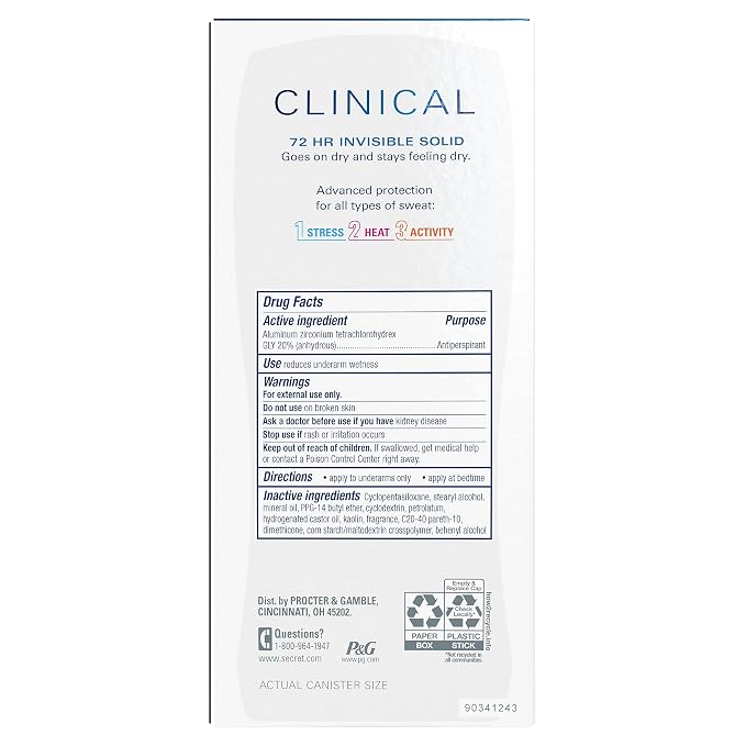Secret Clinical Strength Antiperspirant Deodorant for Women, 100hr Sweat & Odor Protection, Stress Response, 3X Stress Protection with Hyaluronic Acid, PH Balancing Minerals, Invisible Solid, 2.6 oz