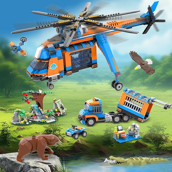 CUBIMANA City Jungle Adventurer Helicopter Building Toys - 1356PCS Forest Truck Adventure Building Set with Car Crocodile Brown Bear Wildlife Rescue Blocks Playset Easter Gift for Kids Boys 6+