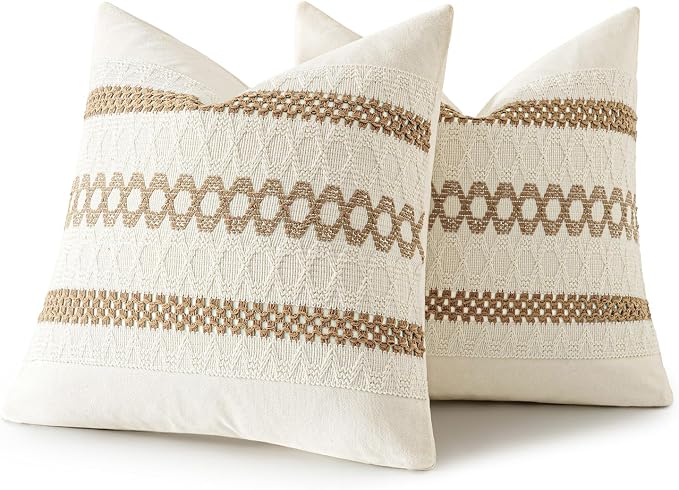 MIULEE Set of 2 Neutral Boho Decorative Pillow Covers 18x18 Inch | Farmhouse Couch Throw Pillows, Modern Spring Cotton Cushion Covers, Macrame Woven Home Decor for Bed Sofa Chair