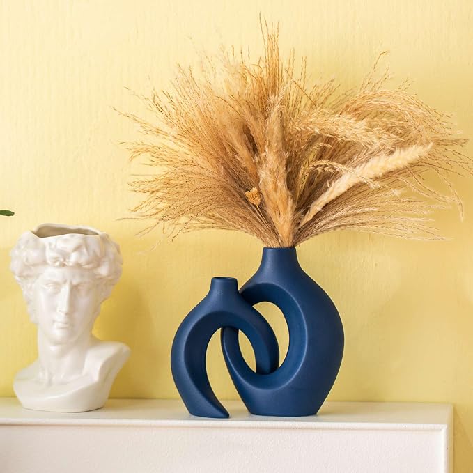 Lvases Snuggle Hollow Ceramic Flower Vase of 2, Minimalist Nordic Boho Vase | 8.4" Matte Navy Blue Home Decor Vase for Modern Aesthetic Ins Style Living Room Coffee Table Centerpieces Pampas Grass Dec