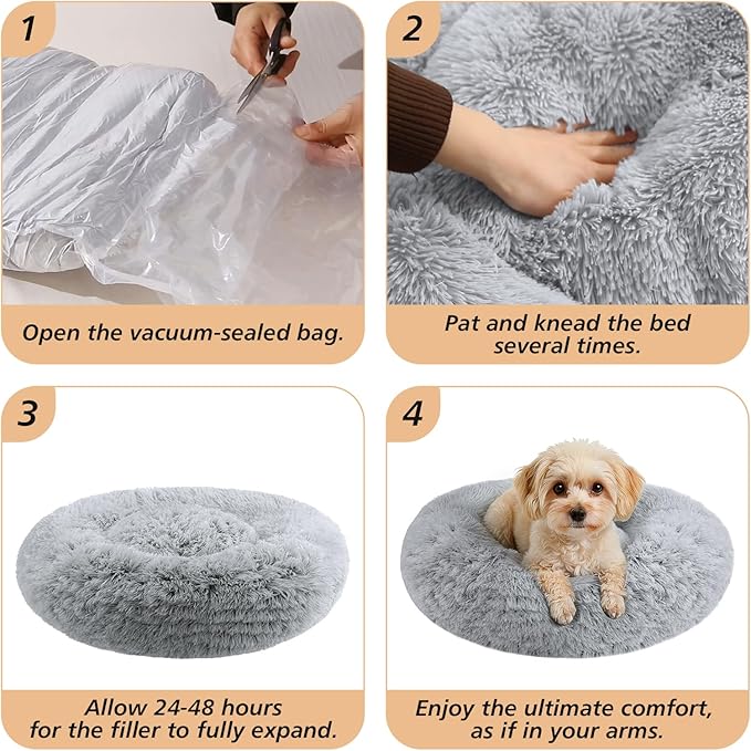 JOLLYVOGUE Small Dog & Cat Beds for Indoor Cats, Donut Cuddler Warming Soft Dog Beds with Anti-Slip Bottom, Round Calming Fluffy Plush Faux Fur Cushion Bed for Small Medium Dogs (20", Smoke Grey)