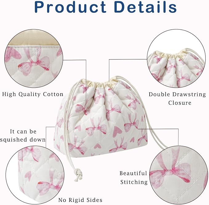 uekeboag Cotton Quilted Drawstring Makeup Bag with Canvas Lining,Coquette Aesthetic Cute Travel Toiletry Bag,Drawstring Gift Bag for Women and Girls(14Heart Bow)