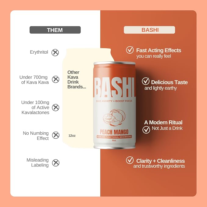 Bashi - Kava Drink Experience - 890MG of Kava, Alcohol Alternative, Natural Relaxation & Stress Relief - Plant-Based Kava Extract - Non-Alcoholic, Caffeine Free - Peach Mango 8oz - 6 Pack
