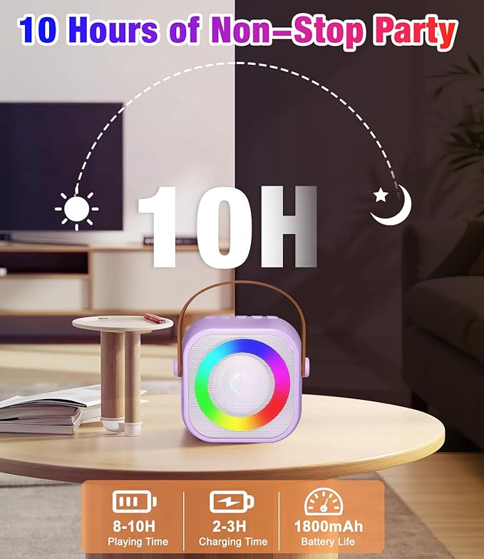 Mini Karaoke Machine, Portable Bluetooth Speaker with 2 Wireless Microphones for Kids & Adults, Karaoke Microphone with LED Lights, Gifts for Girls & Boys_Purple