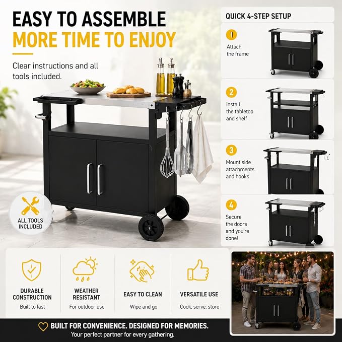 Outdoor Grill Cart with Storage, Rolling Outdoor Bar Cart and Foldable Korean BBQ Table, Movable Outdoor Kitchen Island and BBQ Cart for Patio Dining and Food Prep, with Wheels and Hooks